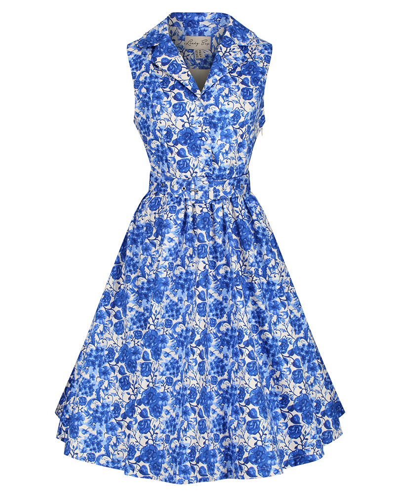 Lindy Bop Matilda Blue Watercolour Floral Vintage Cotton Swing Dress