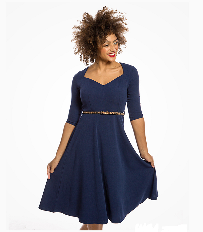 Lindy Bop Vicki Navy Blue Sweetheart Neckline Belted Swing Dress