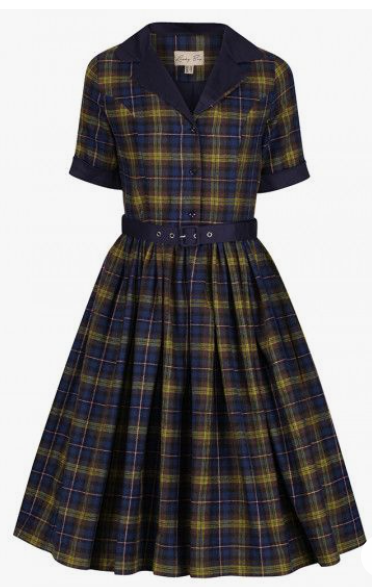 Lindy Bop 'Bletchley' Navy & Green Tartan Check Plaid Vintage Shirt Dress