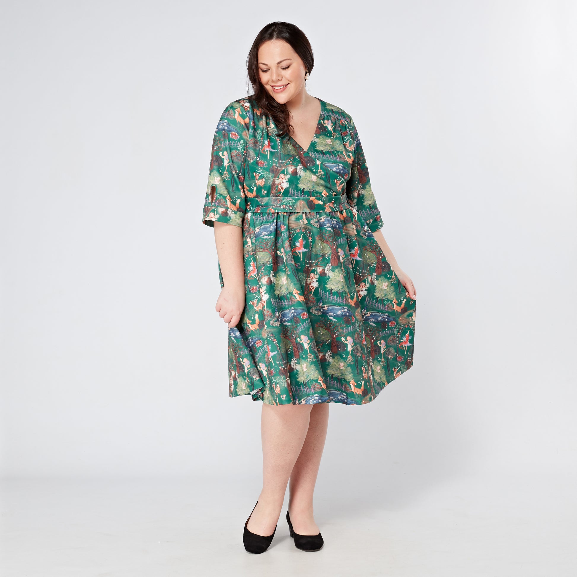 Plus-Size-Fairy-Print-Swing-Dress-With-Sleeves