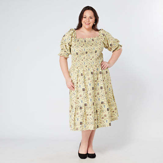 Plus-Size-Shirred-Cotton-Midi-Dress-With-Sleeves