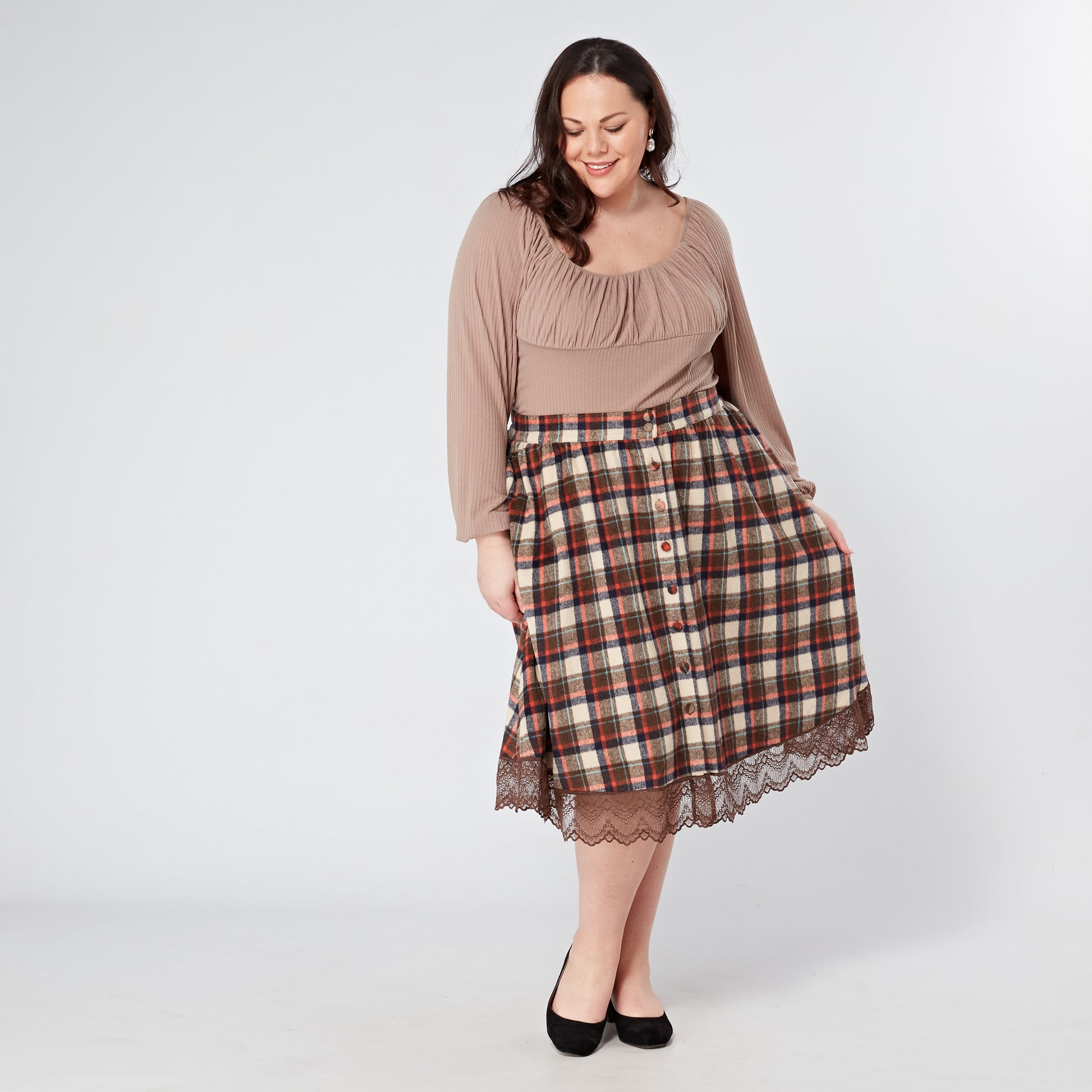 Plus-Size-Tartan-Checkered-Flannel-Swing-Skirt