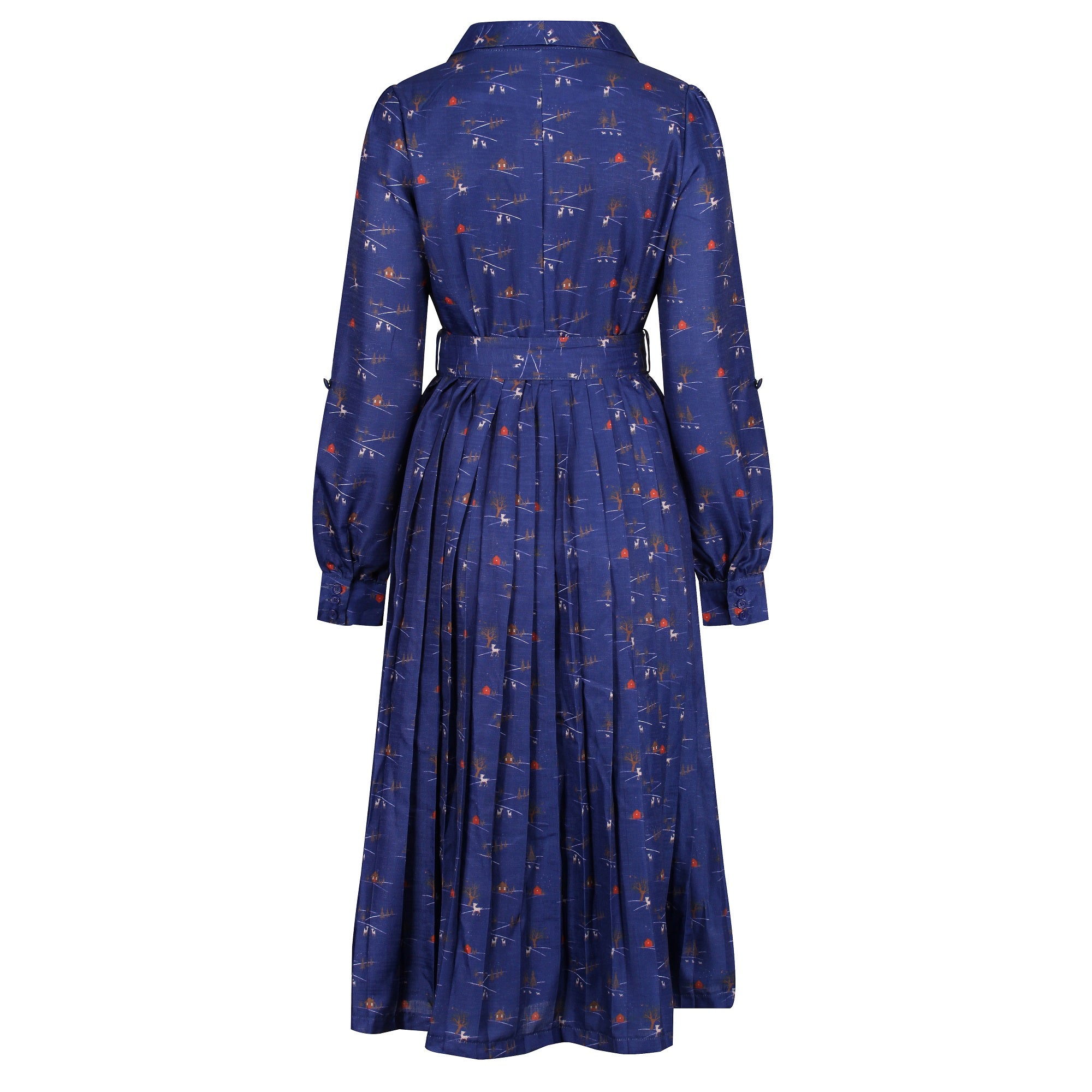 Women s Blue Winter Scene Print Vintage 1950s Midi Dress Lindy