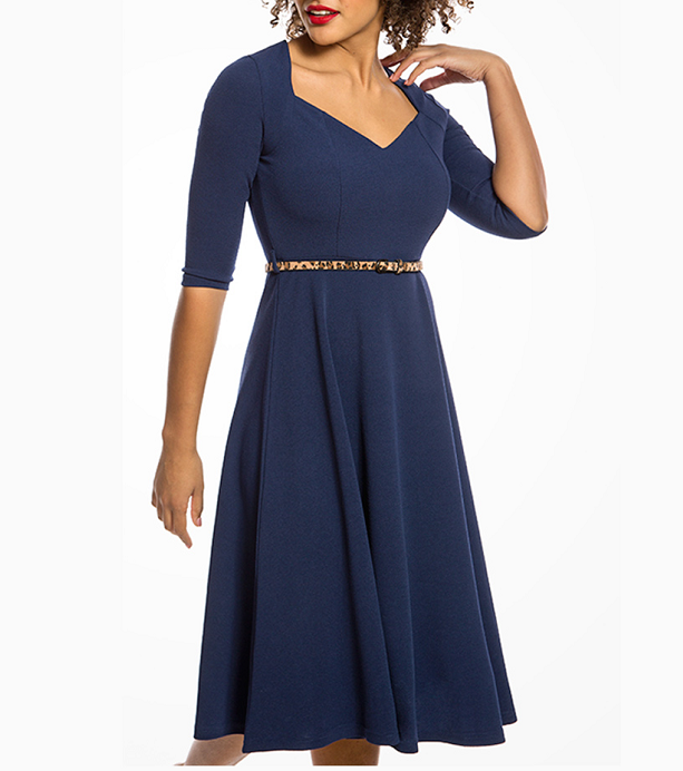 Lindy Bop 'Vicki' Navy Blue Sweetheart Neckline Belted Swing Dress