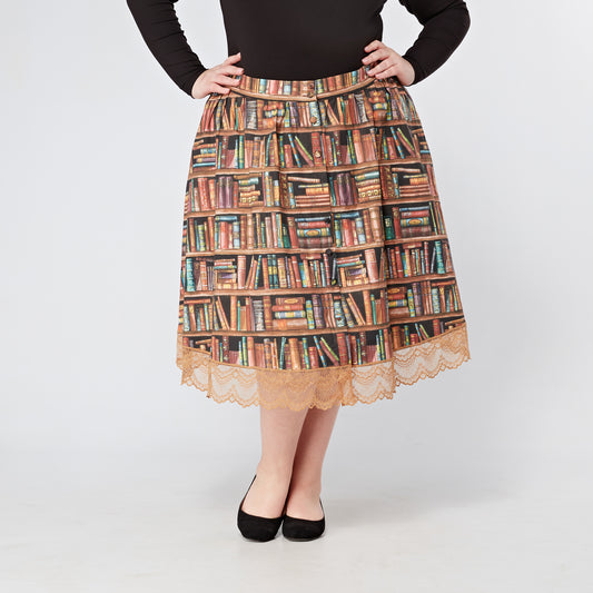 Womens-Book-Shelf-Print-Cotton-Skirt-Elasticated