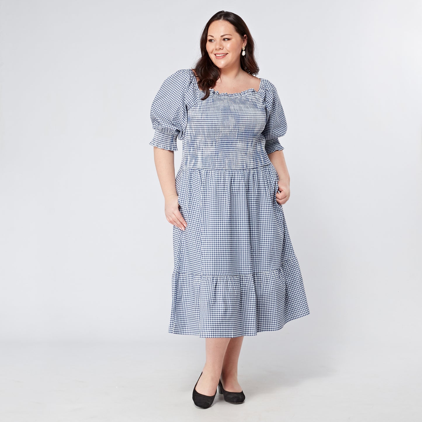 Womens-Plus-Size-Gingham-Midi-Dress-With-Sleeves