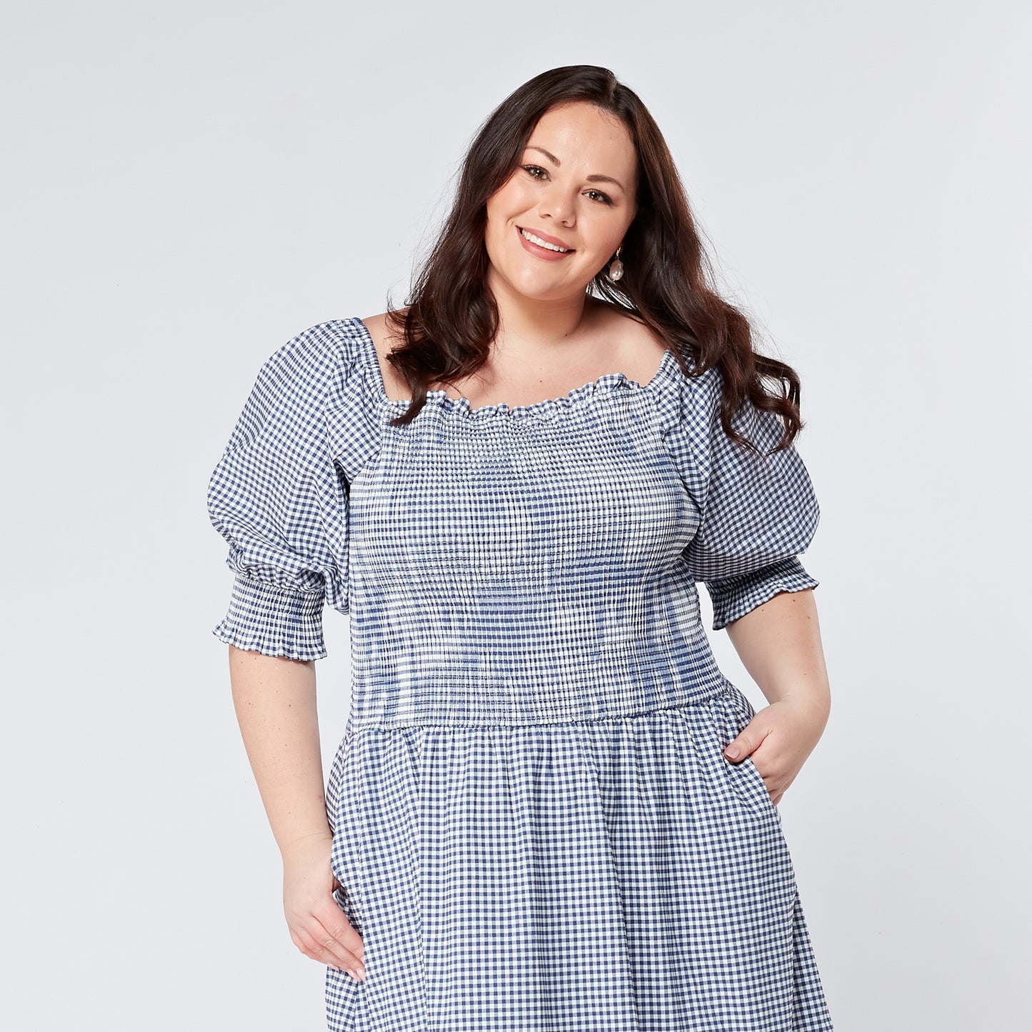 Womens-Plus-Size-Gingham-Midi-Dress-With-Sleeves