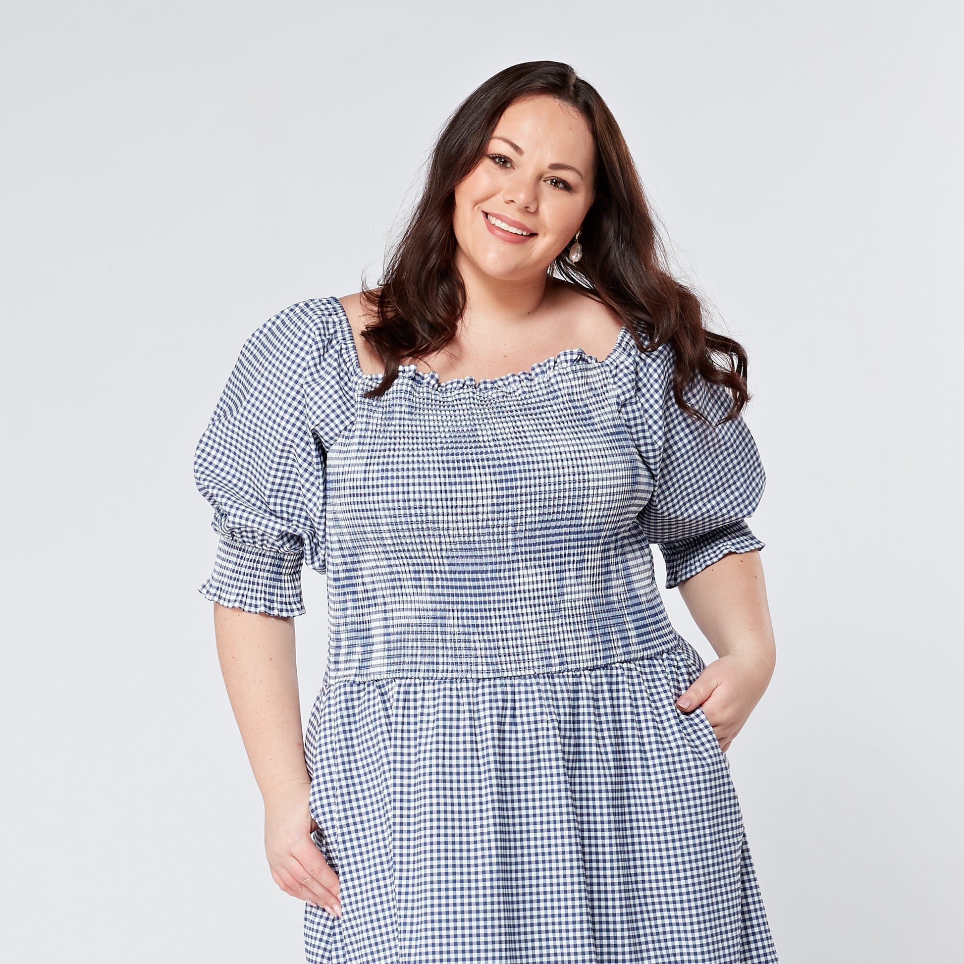 Womens-Plus-Size-Gingham-Midi-Dress-With-Sleeves