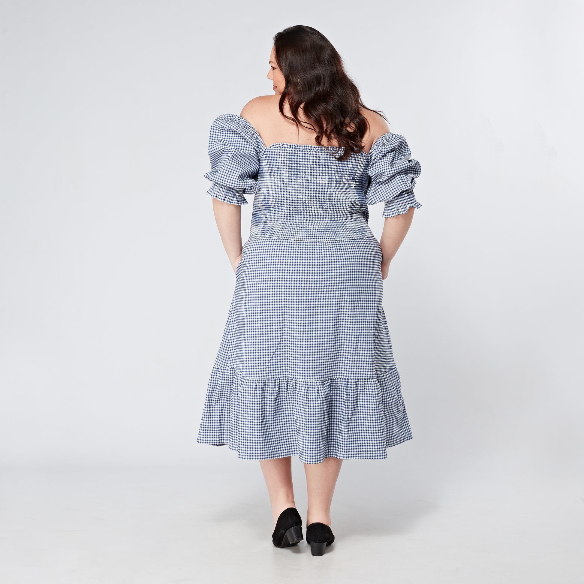 Womens-Plus-Size-Gingham-Midi-Dress-With-Sleeves