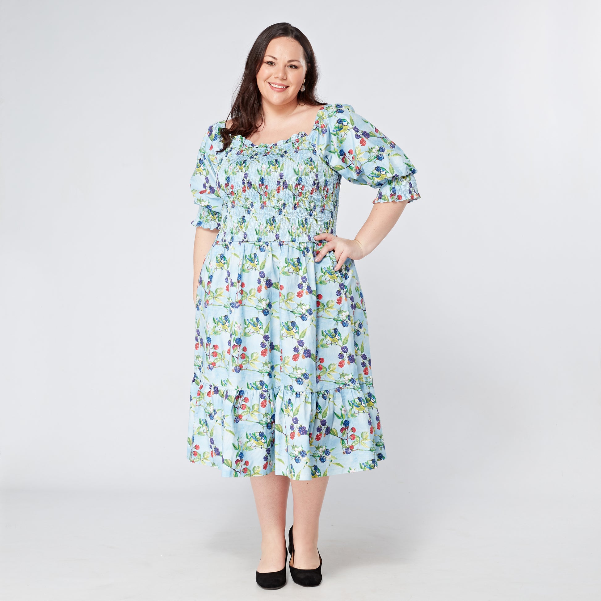 Womens-Plus-Size-Shirred-Cotton-Midi-Dress